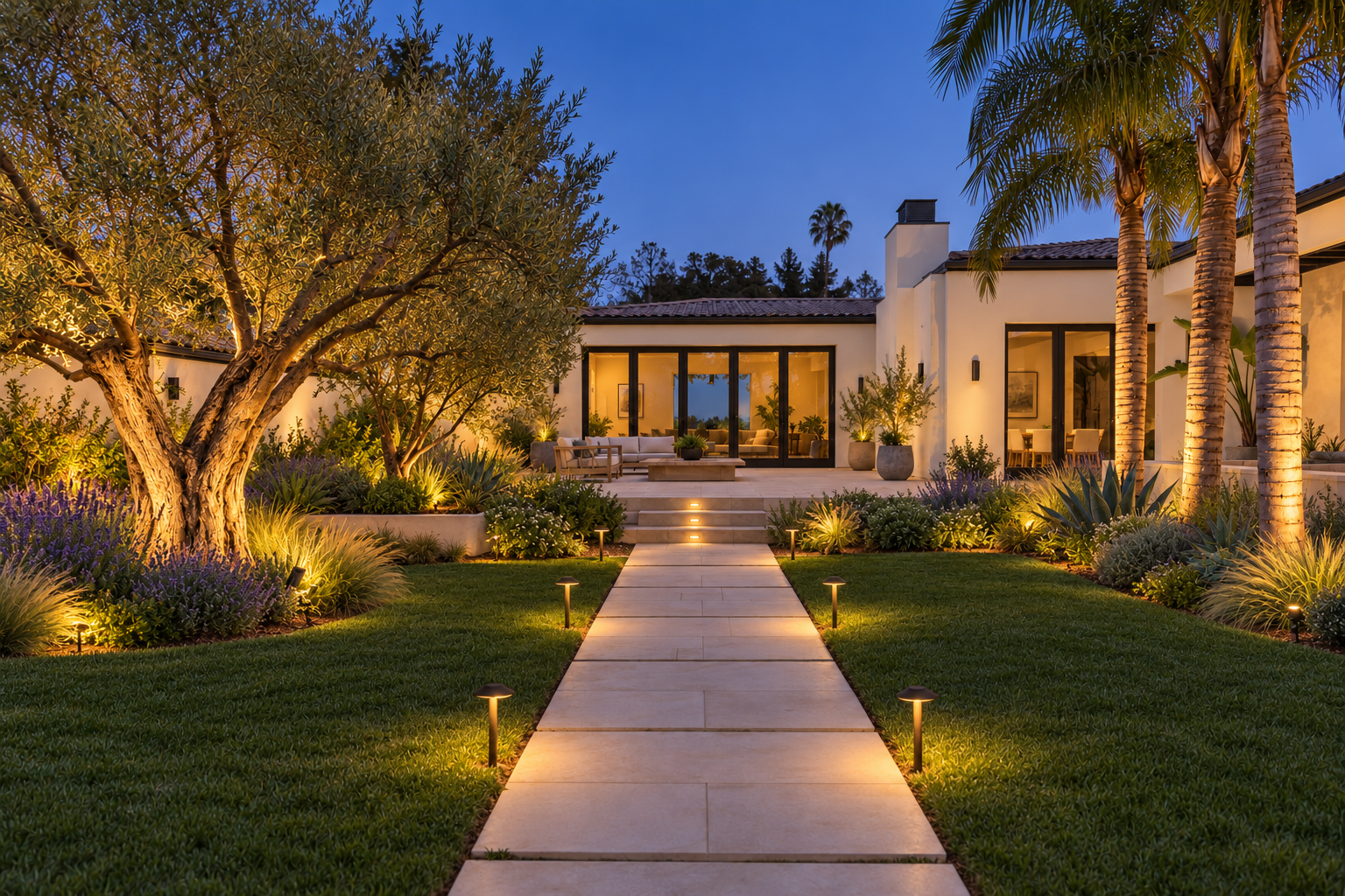 After concept: warm landscape lighting illuminating the olive tree, palms, pathway, and steps.