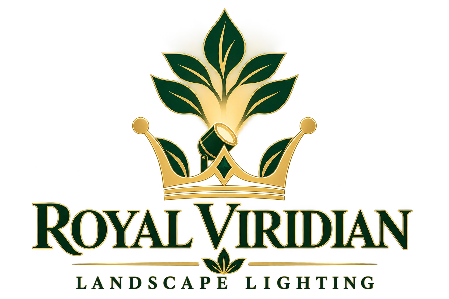 Royal Viridian Landscape Lighting — green and gold crown and spotlight logo